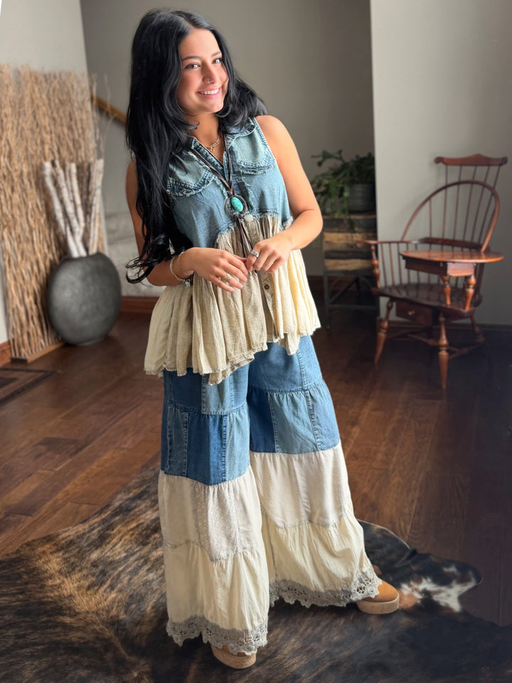 Boho Western Distressed Denim Sleeveless Tunic Top