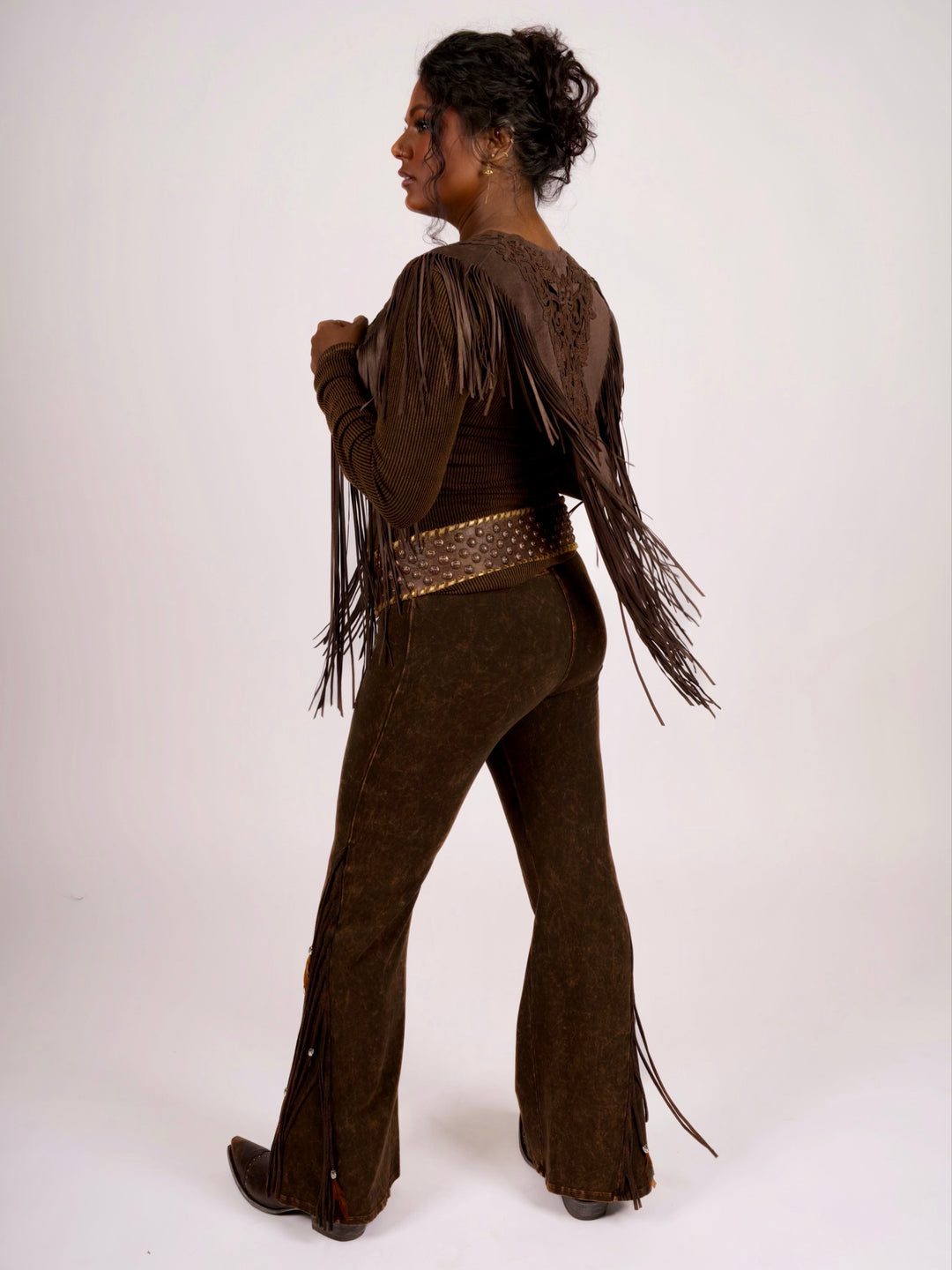Handcrafted Chocolate Suede Shoulder Fringe Collar by Pat Dahnke
