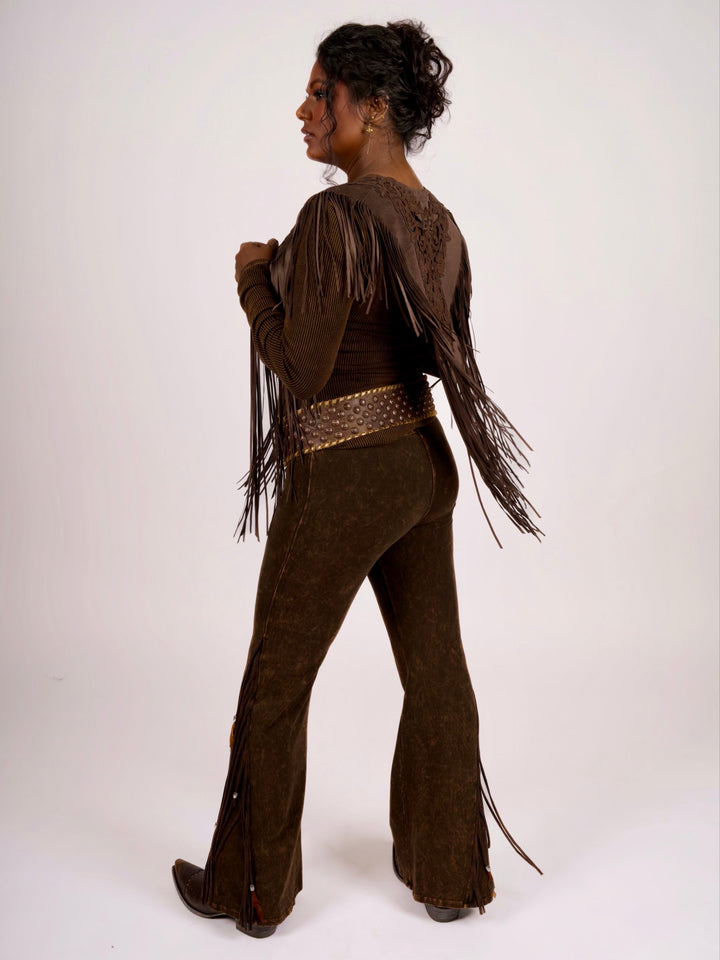 Handcrafted Chocolate Suede Shoulder Fringe Collar by Pat Dahnke