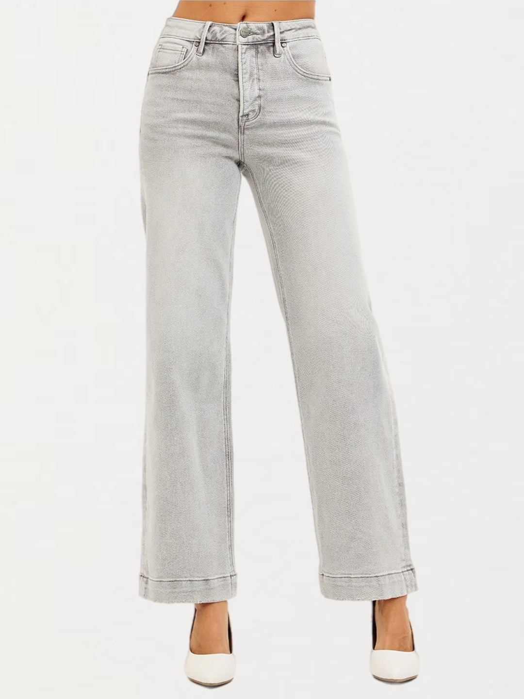 RISEN High-Rise Wide Leg Ankle Jeans in Light Grey