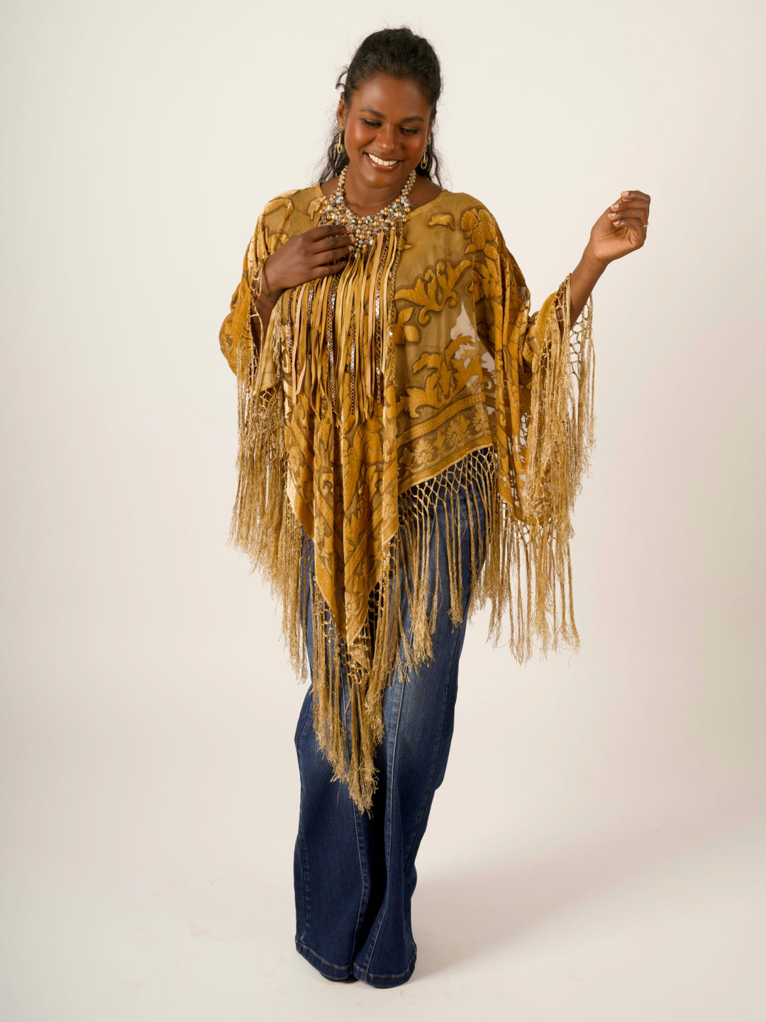 Burnout Velvet Poncho with Fringe