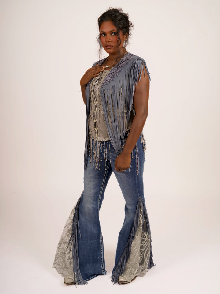 Handcrafted Denim Blue Suede Shoulder Fringe Collar by Pat Dahnke