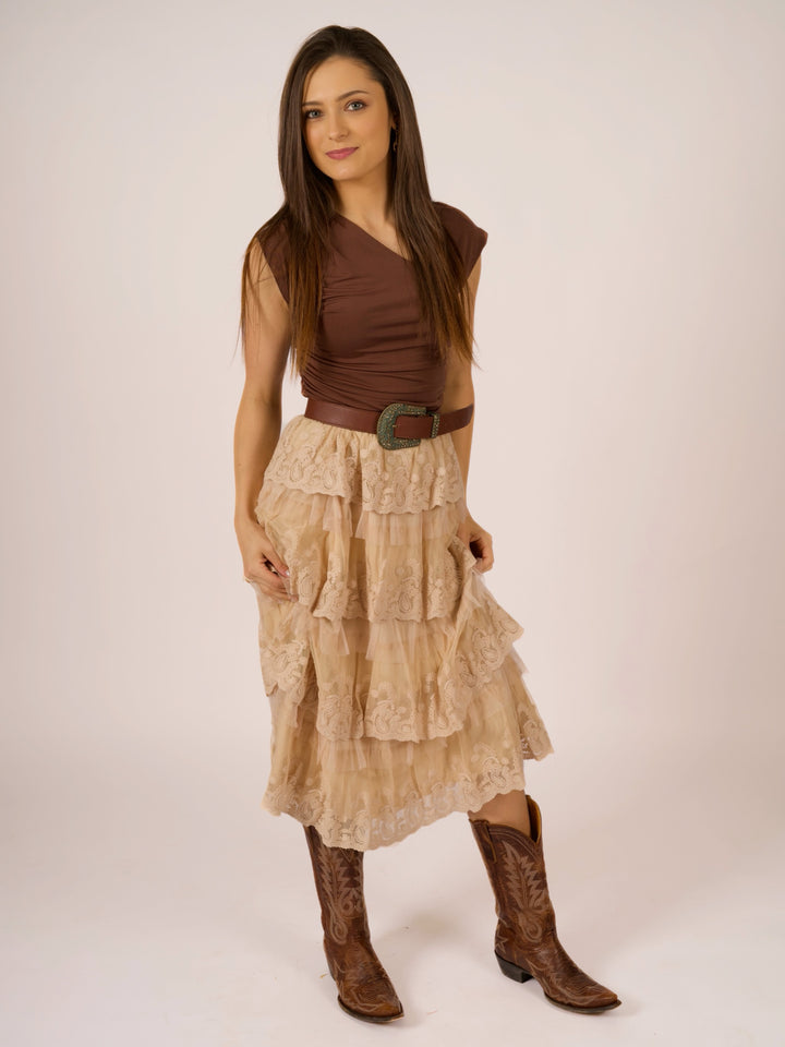 Romantic Vintage Lace Mesh Boho Midi Skirt