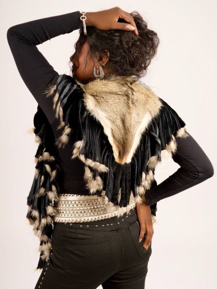 Natural Coyote Fur Collar with Rabbit Fur Fringe
