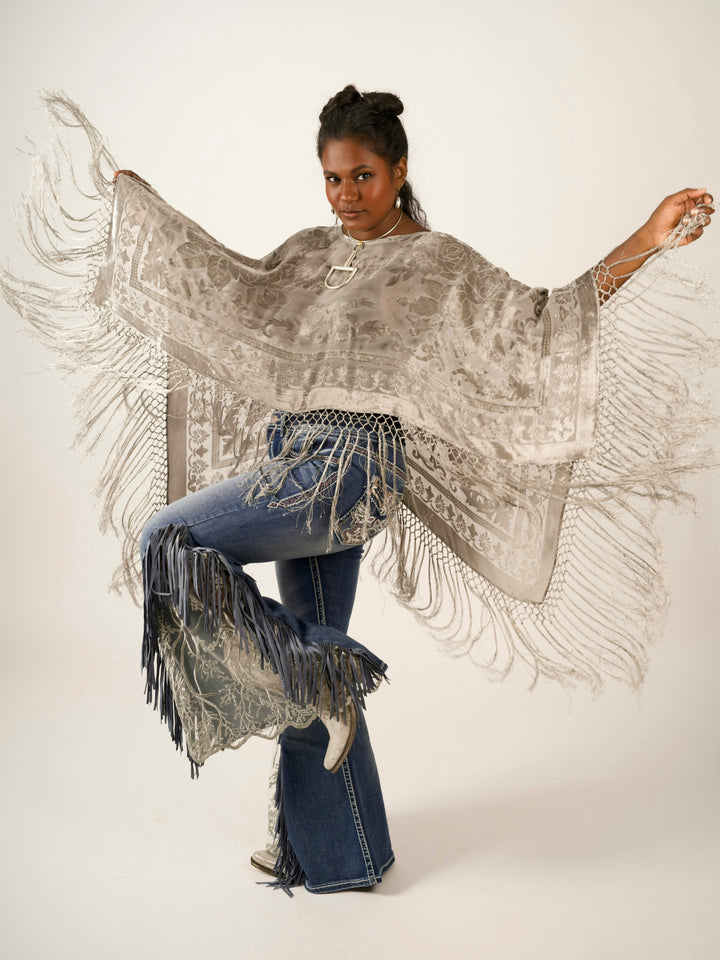 Burnout Velvet Poncho with Fringe