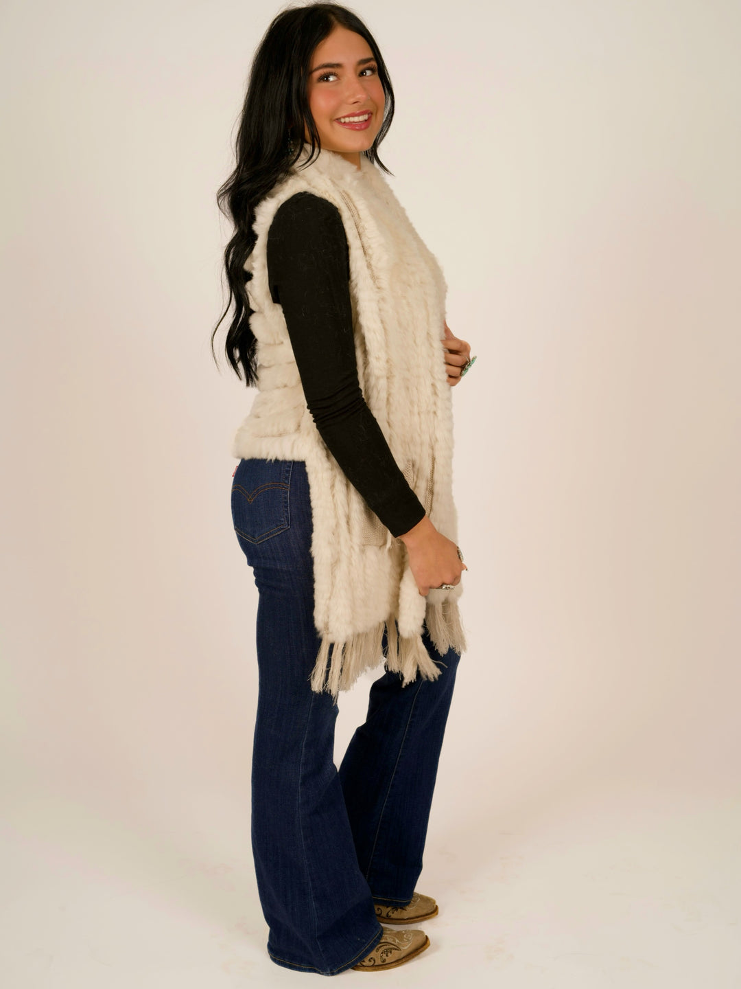 Ivory Rex Rabbit Pocket Shawl Fur Vest