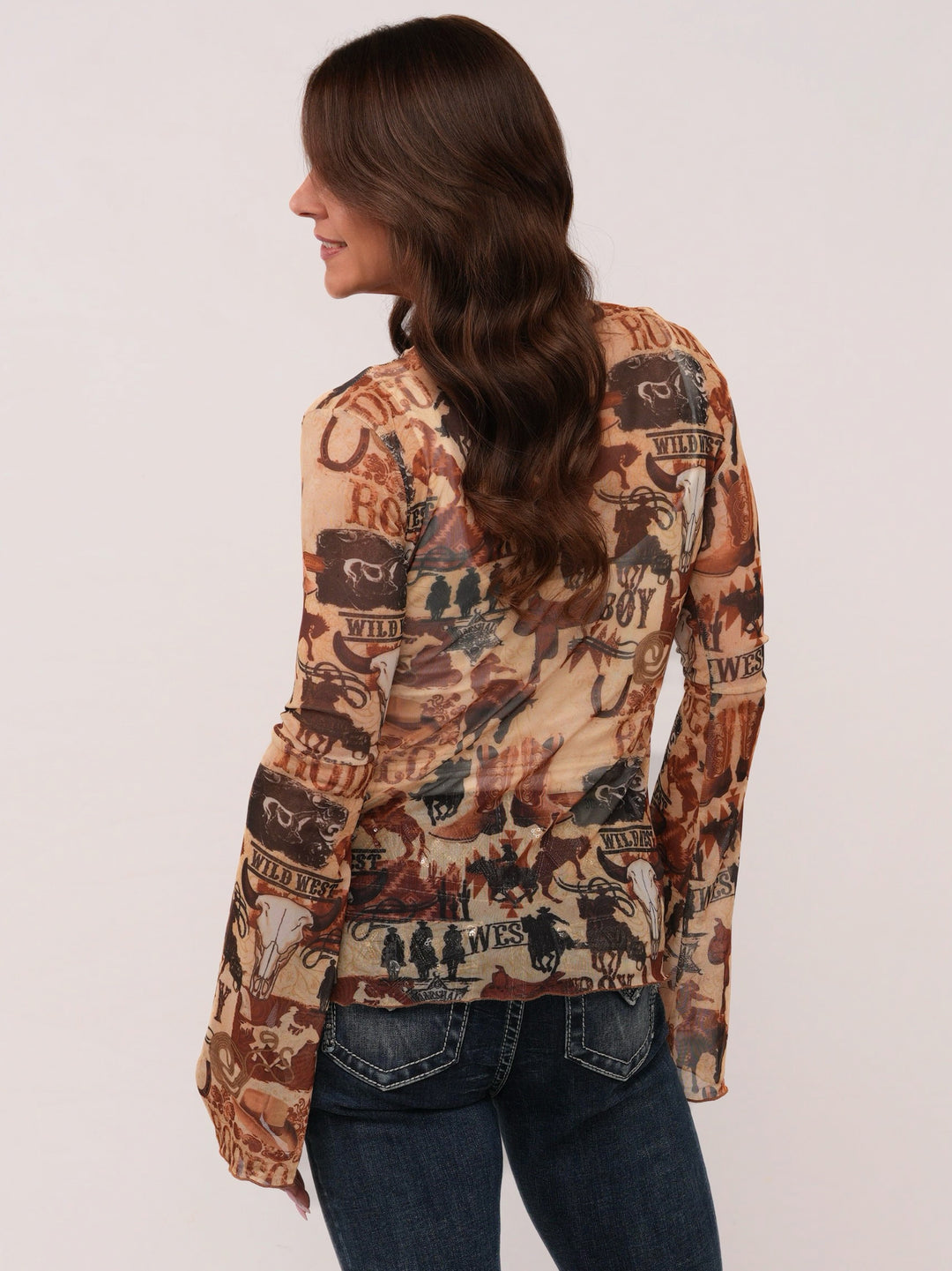 Wild West Rodeo Print Mesh Top with Bell Sleeves
