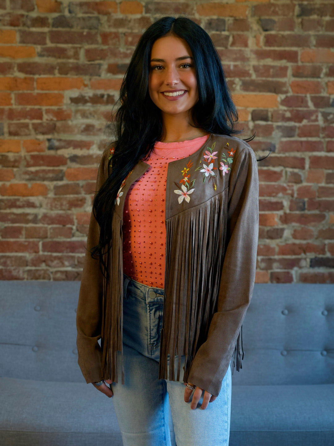 Fringe & Flowers Brown Suede Jacket