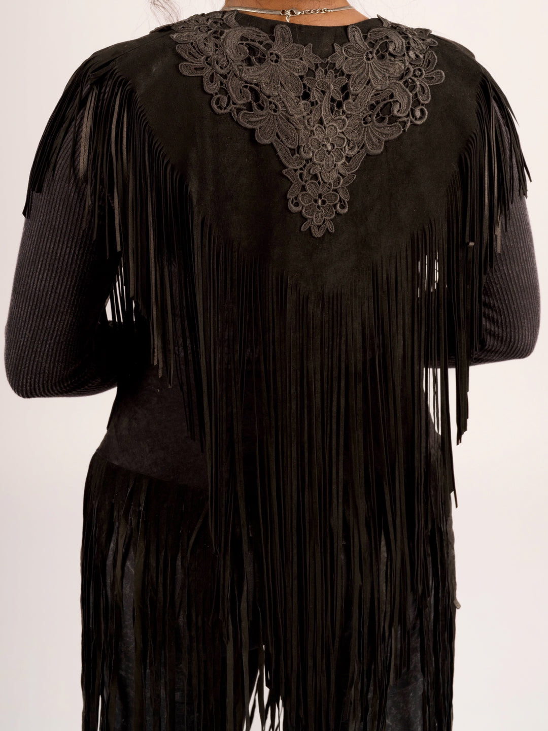 Handcrafted Black Suede Shoulder Fringe Collar by Pat Dahnke