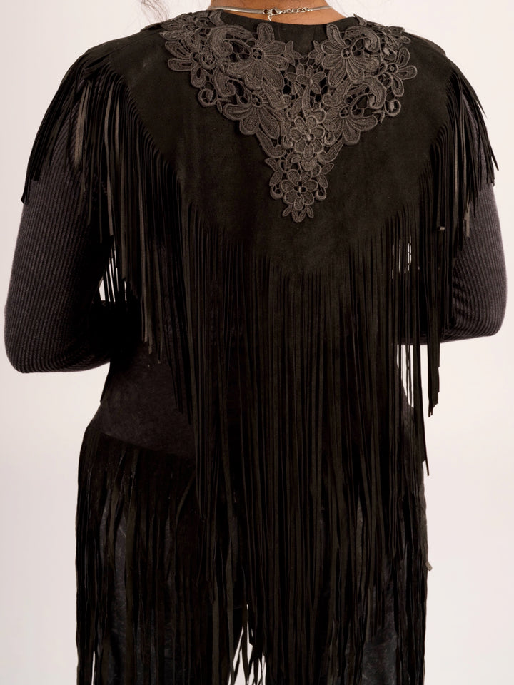 Handcrafted Black Suede Shoulder Fringe Collar by Pat Dahnke