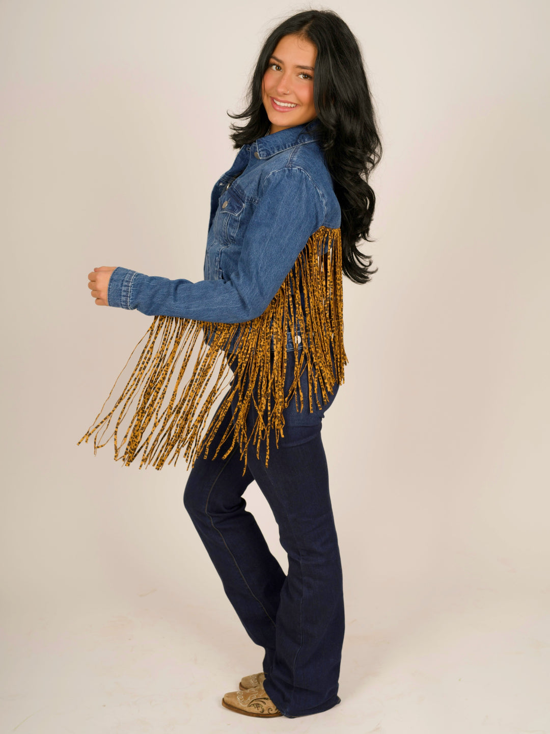 Leopard Fringe Jean Jacket