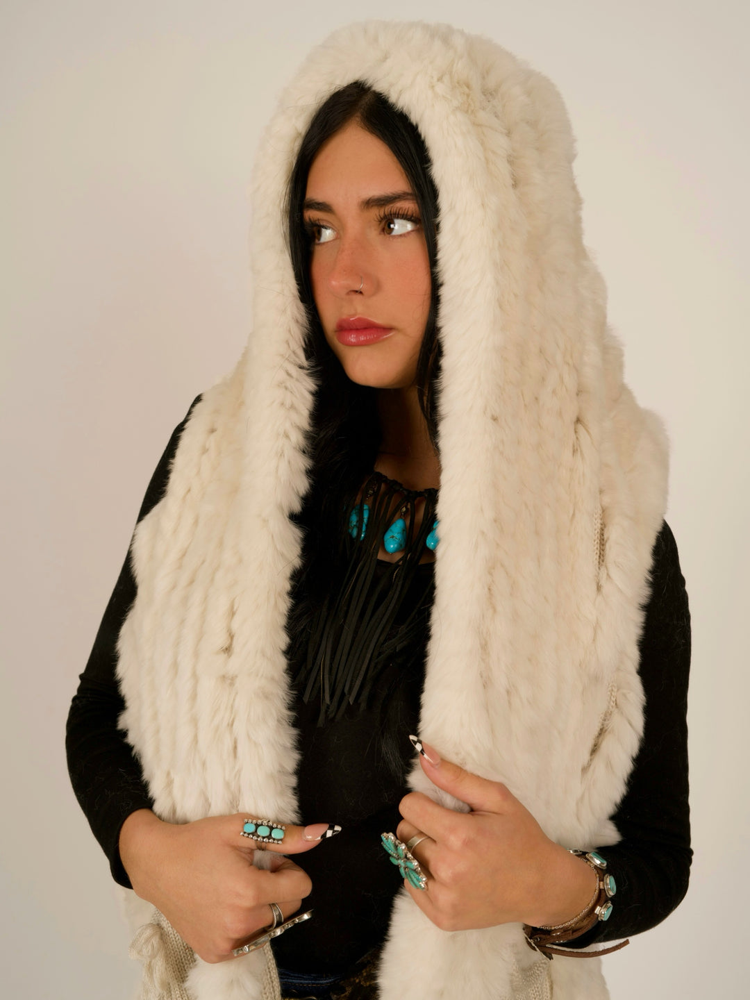 Ivory Rex Rabbit Pocket Shawl Fur Vest