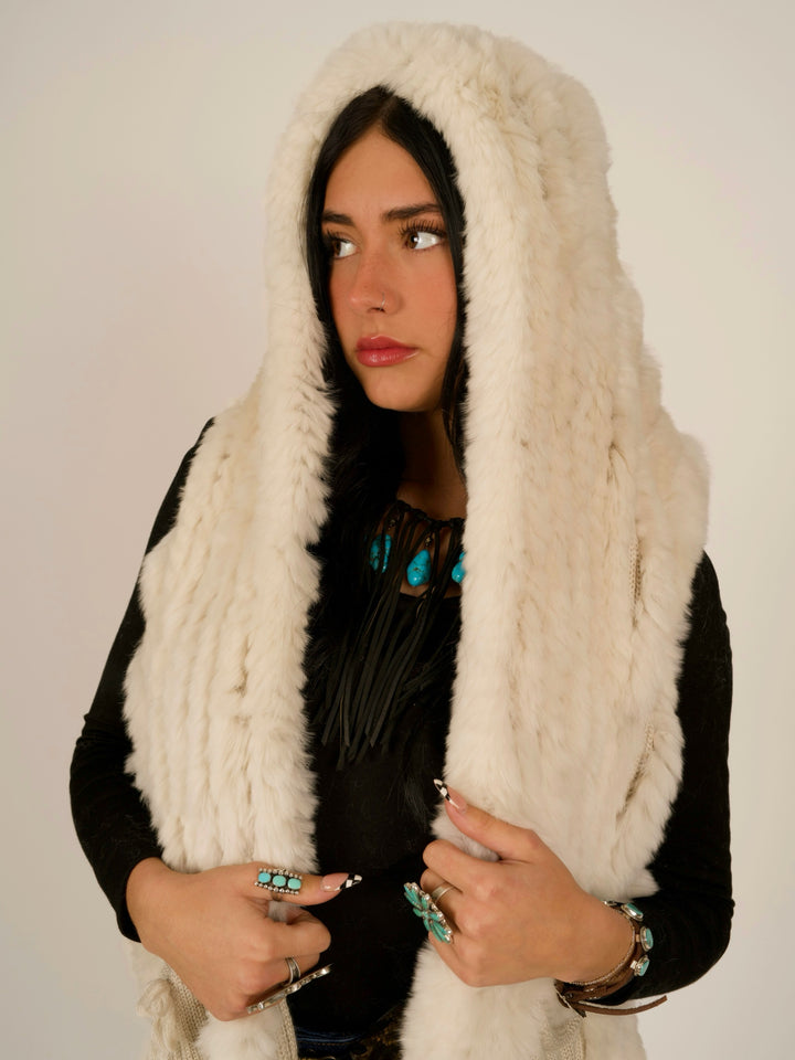 Ivory Rex Rabbit Pocket Shawl Fur Vest