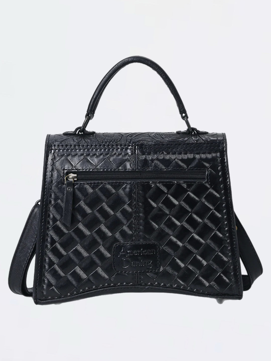 Black Hand Tooled Leather Crossbody Messenger Handbag