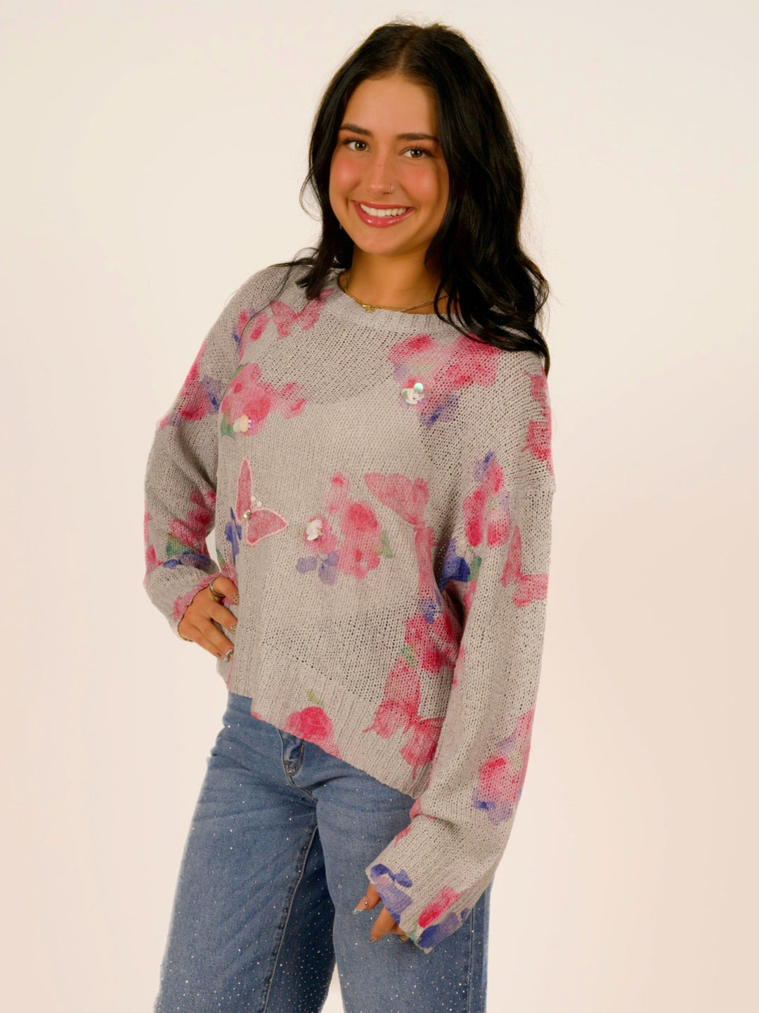 POL Butterfly Sparkle Romantic Long Sleeve Sweater