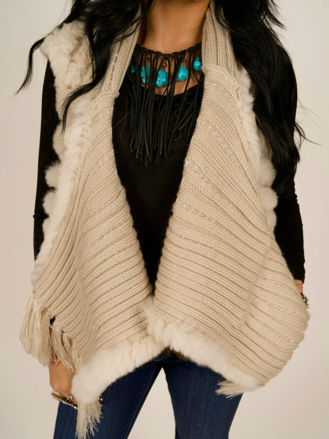 Ivory Rex Rabbit Pocket Shawl Fur Vest