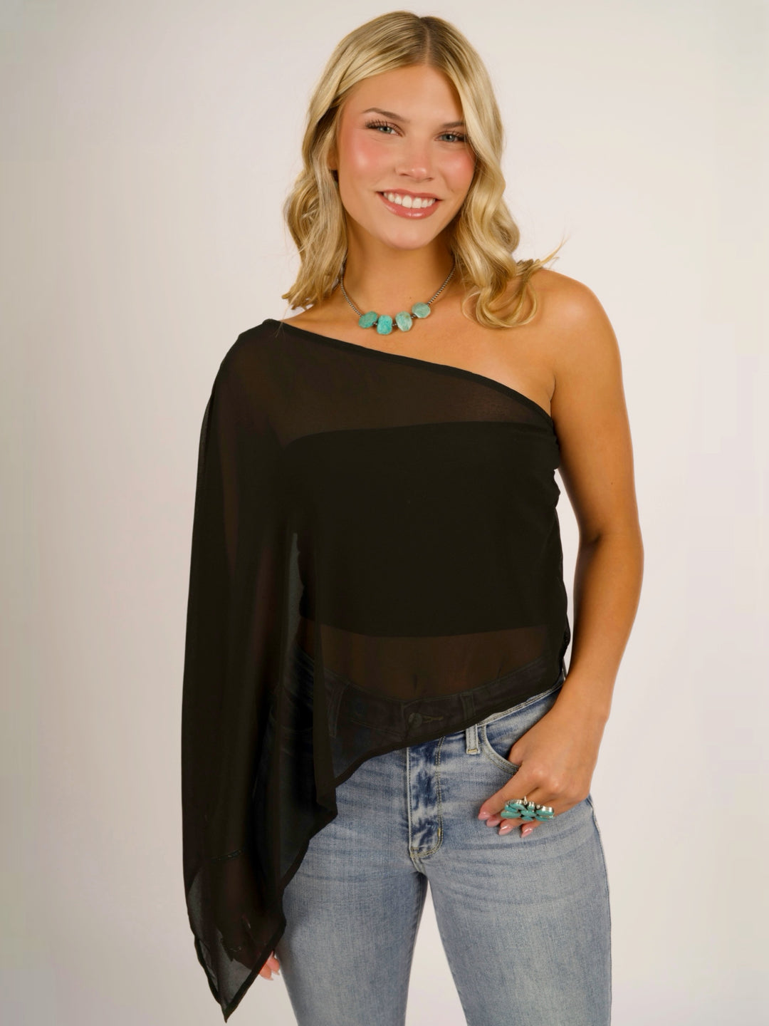 Midnight Cascade Asymmetrical One-Shoulder Cape Blouse