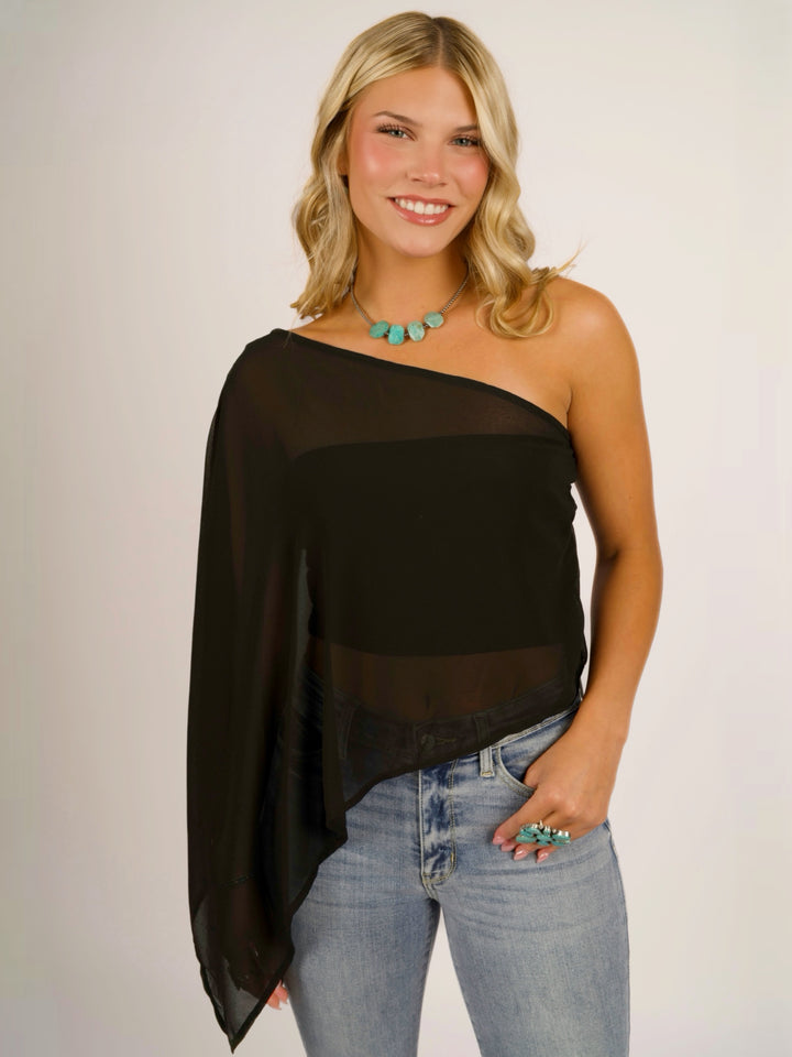 Midnight Cascade Asymmetrical One-Shoulder Cape Blouse