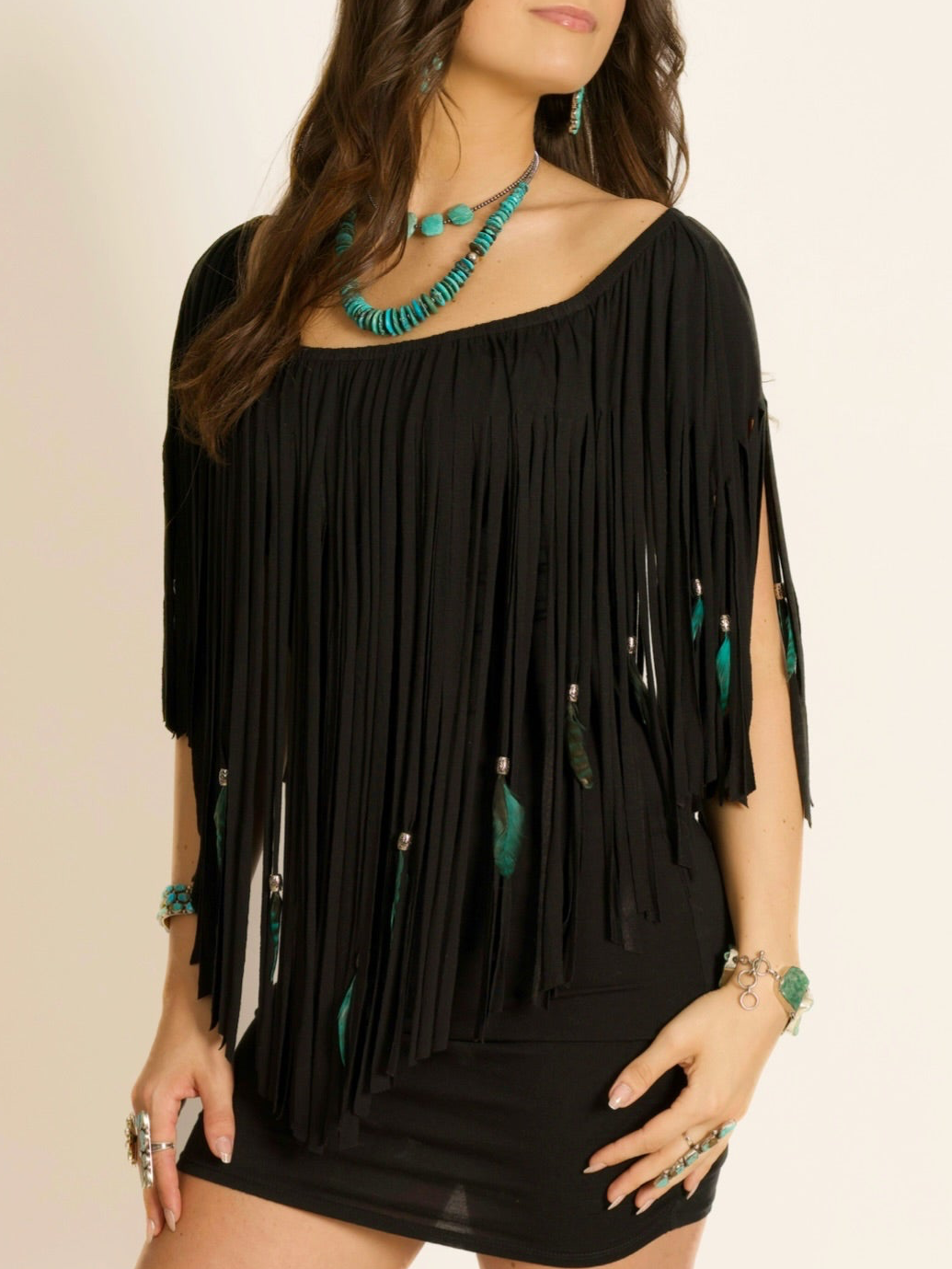 Feather & Fringe Peasant Body-con Mini Dress