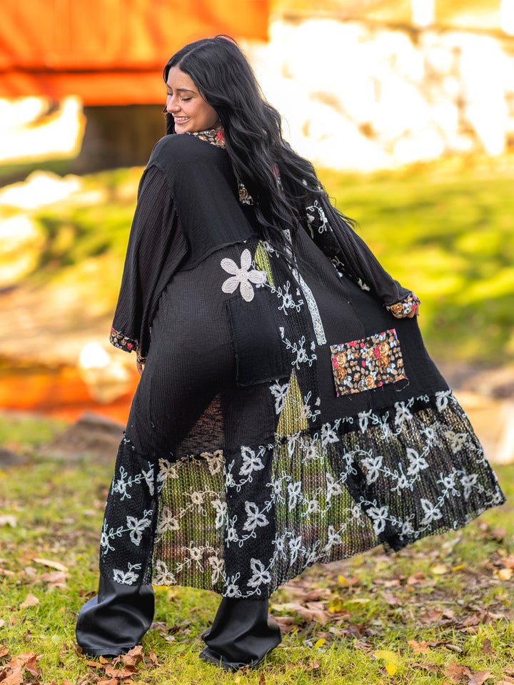 POL Oversized Boho Cardigan - Black Crochet Lace Patch Duster