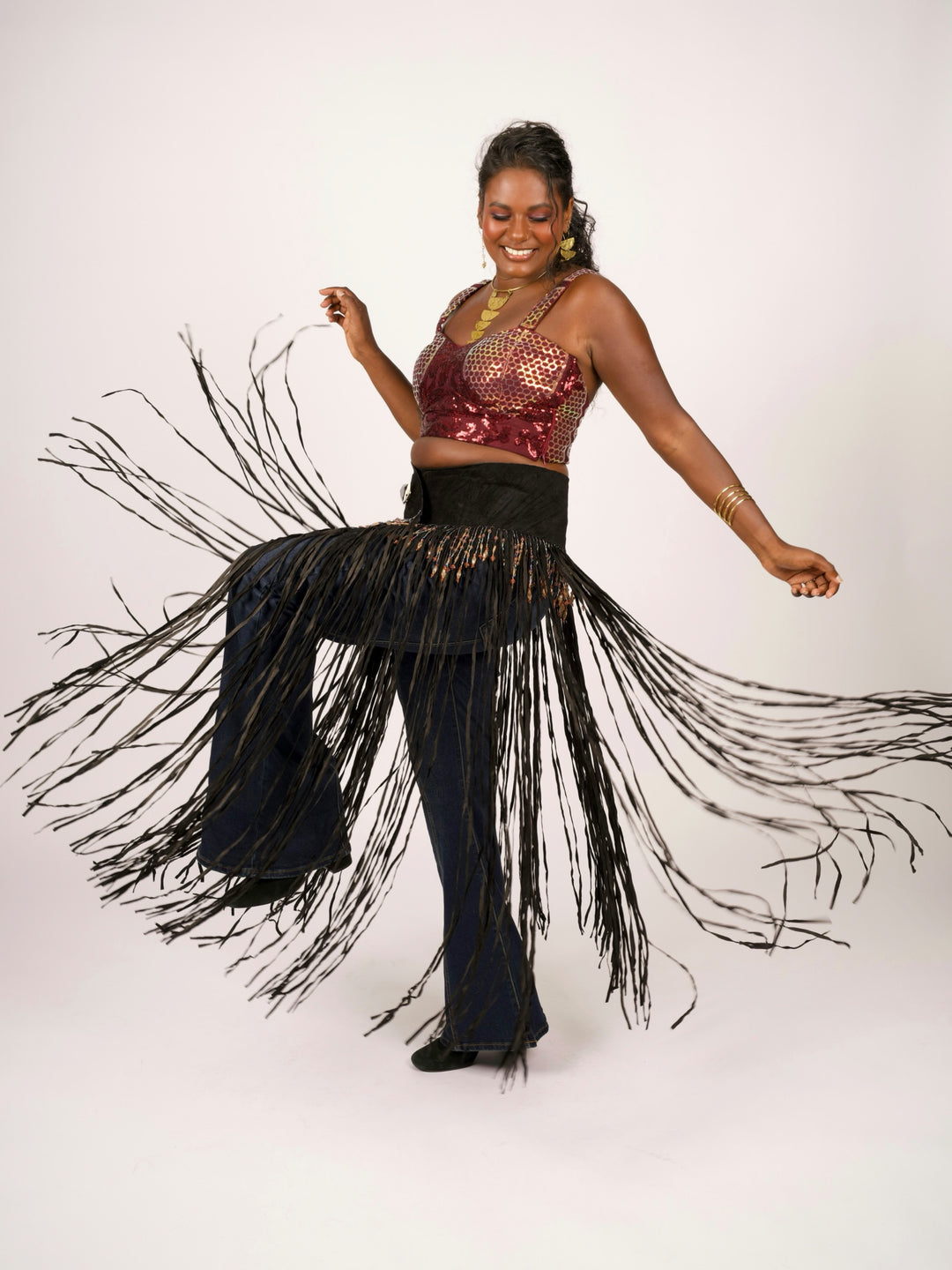 Long Suede Fringe Western Belt with Iridescent Beading by Pat Dahnke