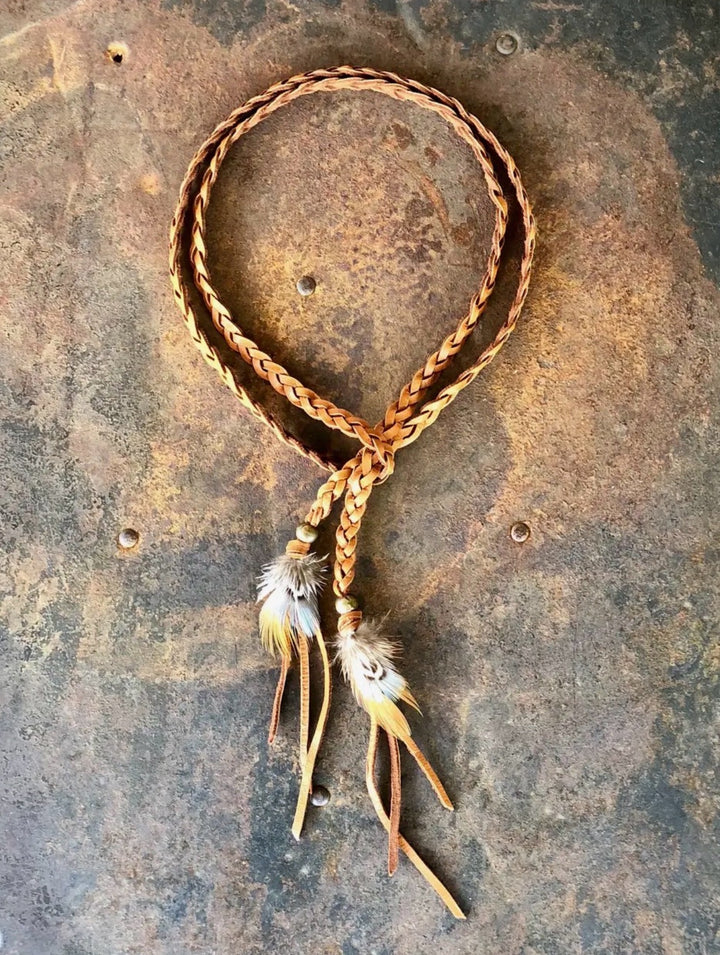 Versatile Rust Braided Deerskin Leather Necklace with Pheasant Feathers