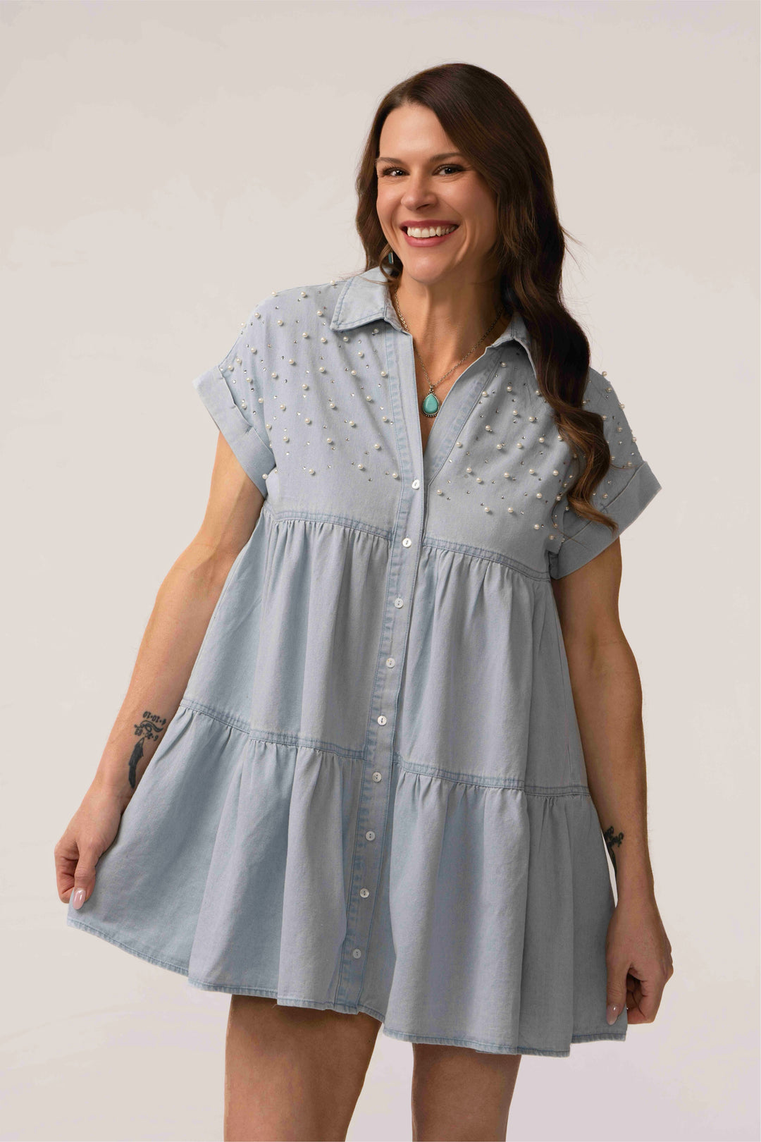 Cute and Charming Pearl & Rhinestone Loose Fit Denim Dress Salt and Grace Boutique Cute and Charming Pearl & Rhinestone Loose Fit Denim Dress Salt and Grace Boutique
