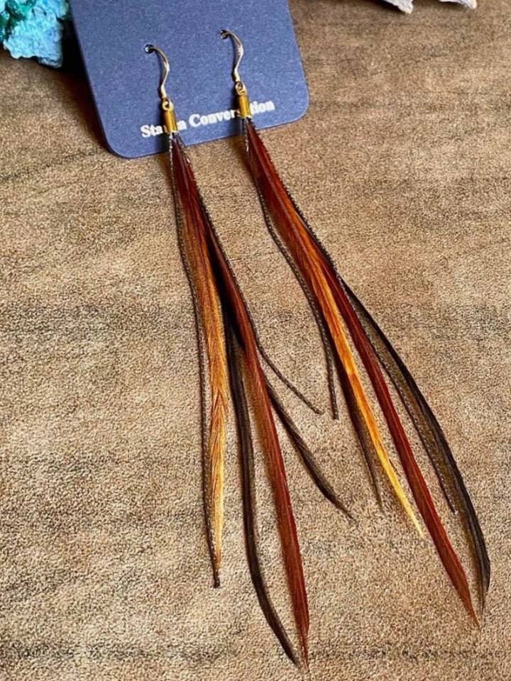 Handcrafted Fawn/Black Mini Feather Dangle Earrings