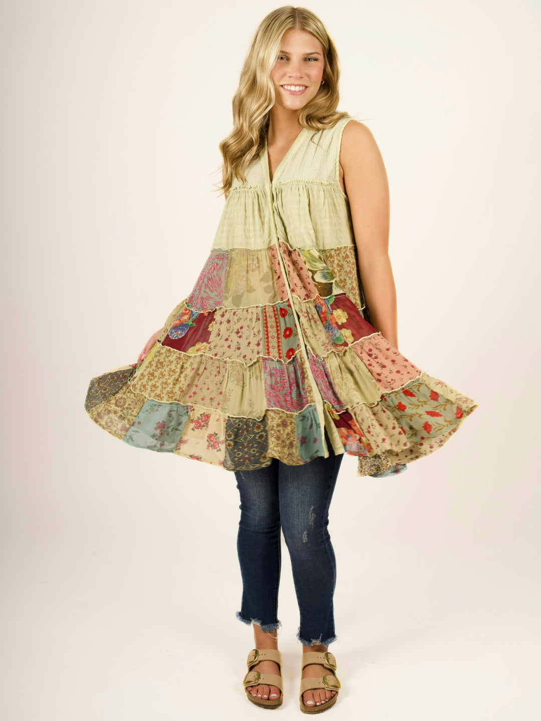 Sleeveless V-Neck Boho Tiered Patchwork Tunic Blouse / Dress