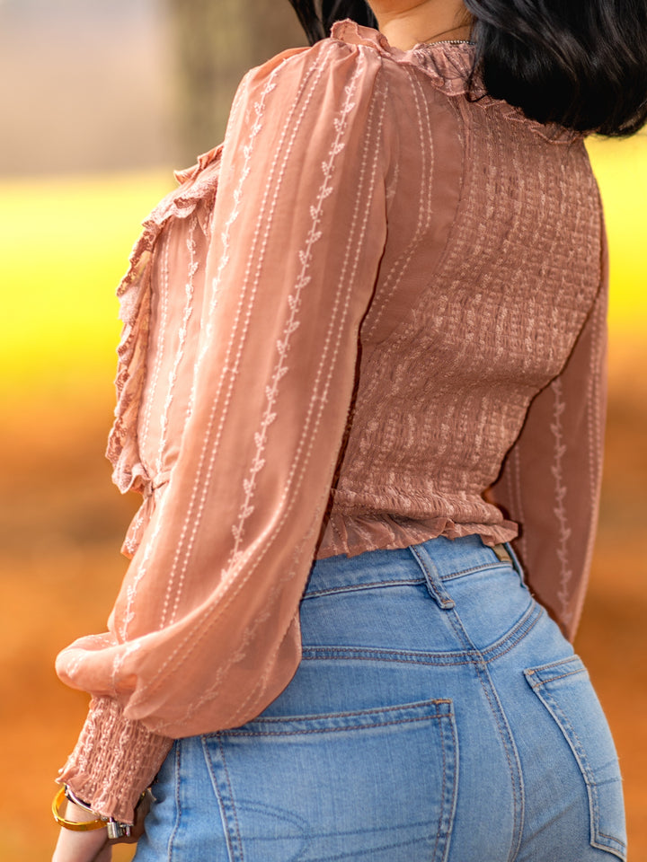 Rosewood Embroidered Peasant Blouse with Ruffled Lace-Up Front