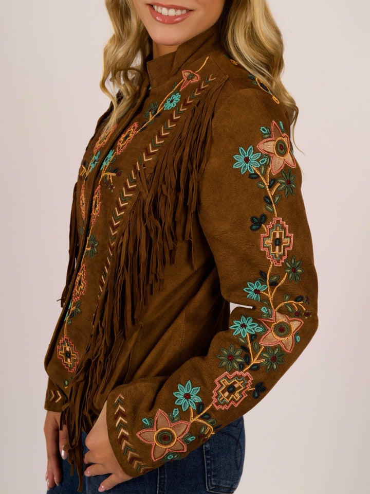 Cognac Leather Suede Beaded Fringe Western Jacket