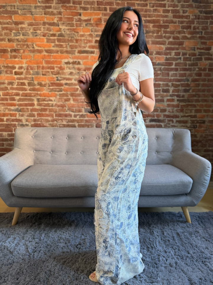 POL Indigo Blue Floral Overalls