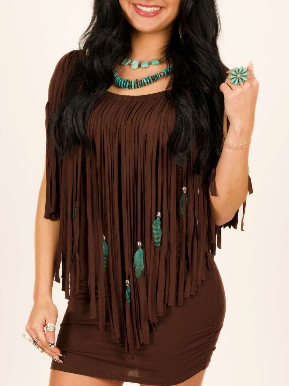 Feather & Fringe Peasant Body-con Mini Dress