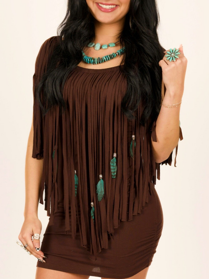 Feather & Fringe Peasant Body-con Mini Dress