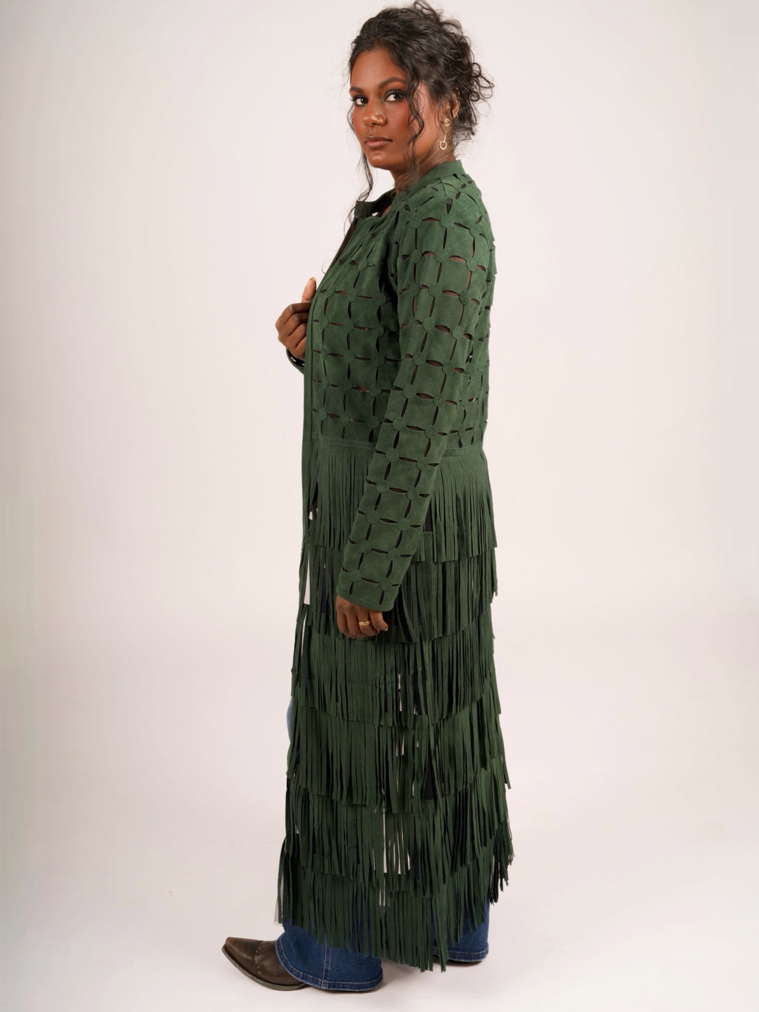 Genuine Suede Leather Laser-Cut Fringe Duster Jacket