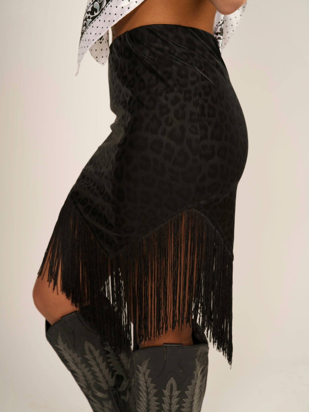 Animal Print Asymmetric Hem Mini Skirt with Fringe