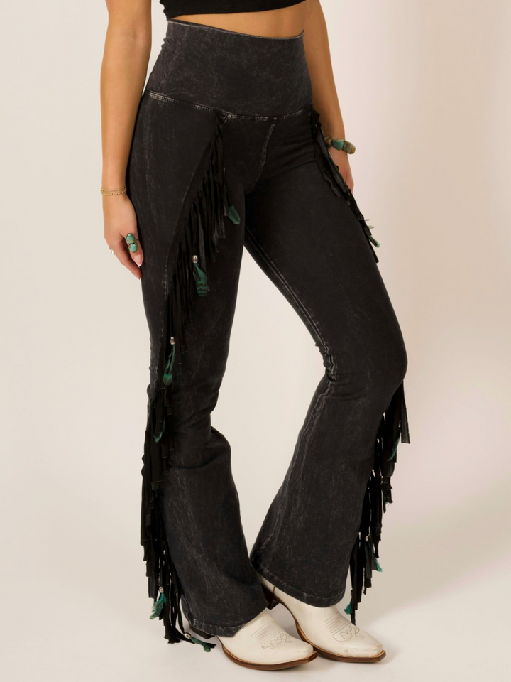 Black Full Fringe & Feather Mineral Wash Western Leggings