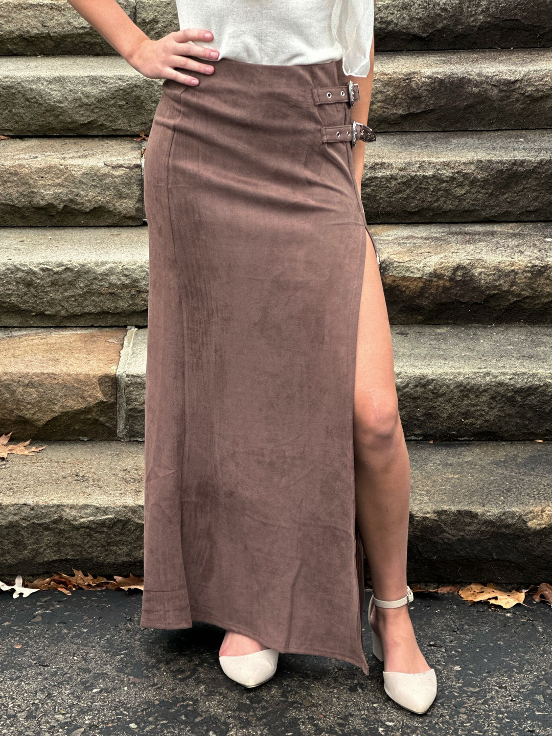 Suede Western Buckle Front Slit Maxi Skirt
