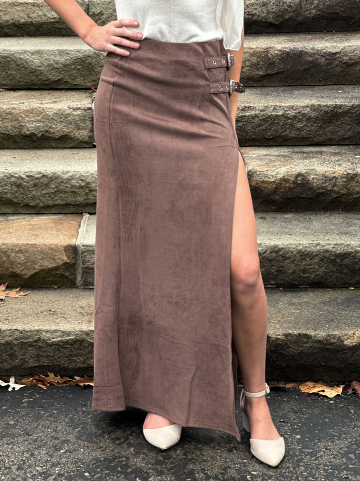 Suede Western Buckle Front Slit Maxi Skirt