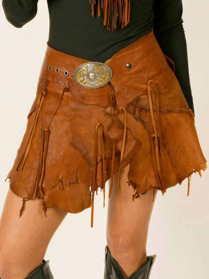 Belt Buckle Deerskin Leather Fringe Wrap Mini Skirt