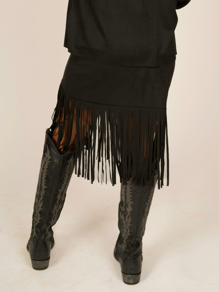 High-Waisted Laser-Cut Suede Fringe Mini Skirt with Rhinestones