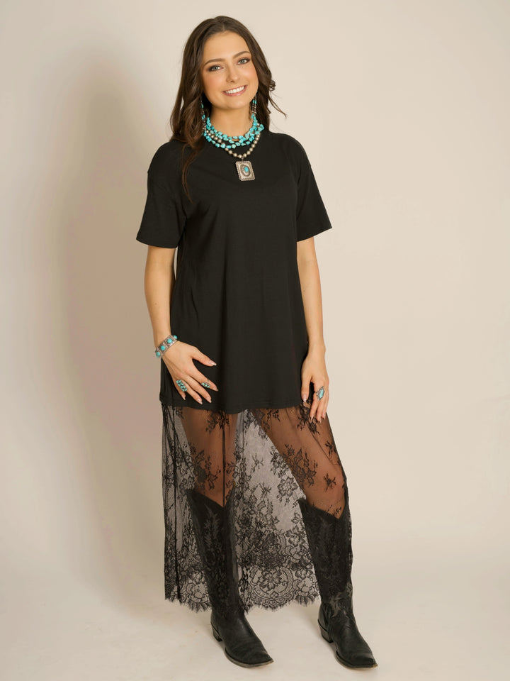 Black Maxi T-Shirt Dress with Lace Accent