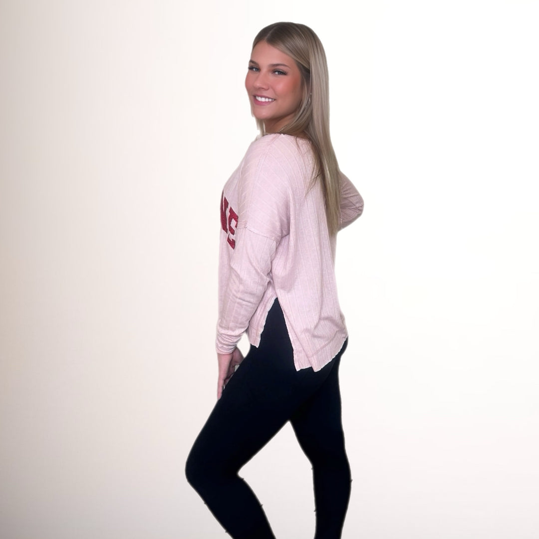 Be mine Glitter Ribbed V Neck Long Sleeve Top - Salt and Grace Boutique