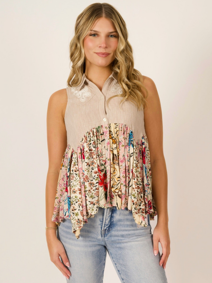 Breezy Escape Floral Boho Sleeveless Tunic  Babydoll Top