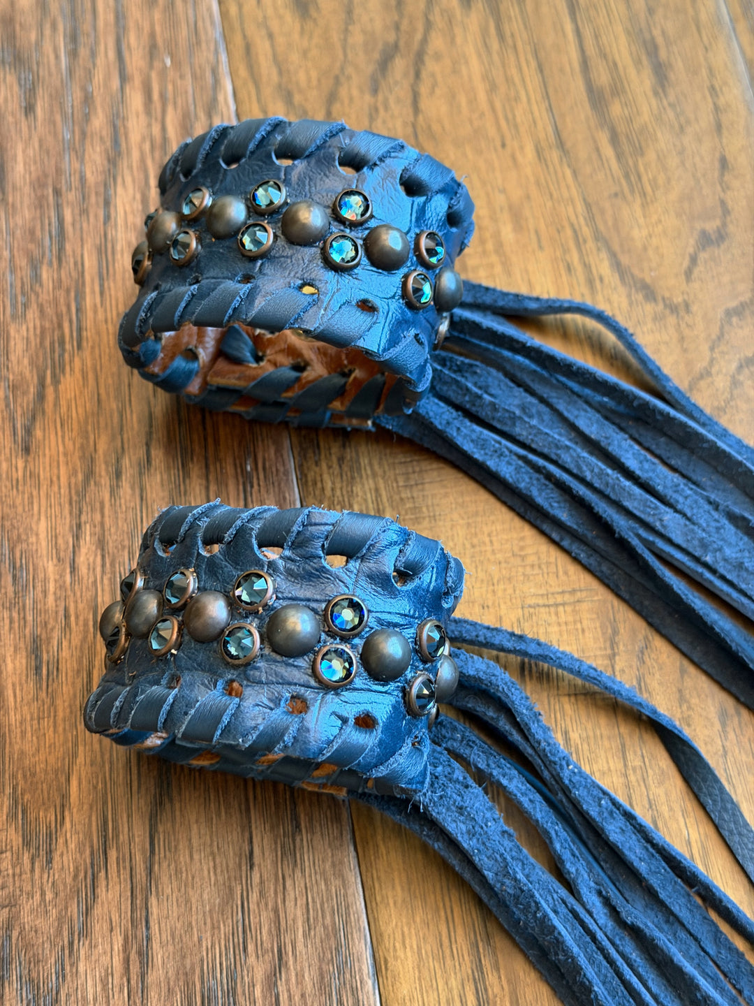 Single Navy Crystal Leather Fringe Cuff Bracelet