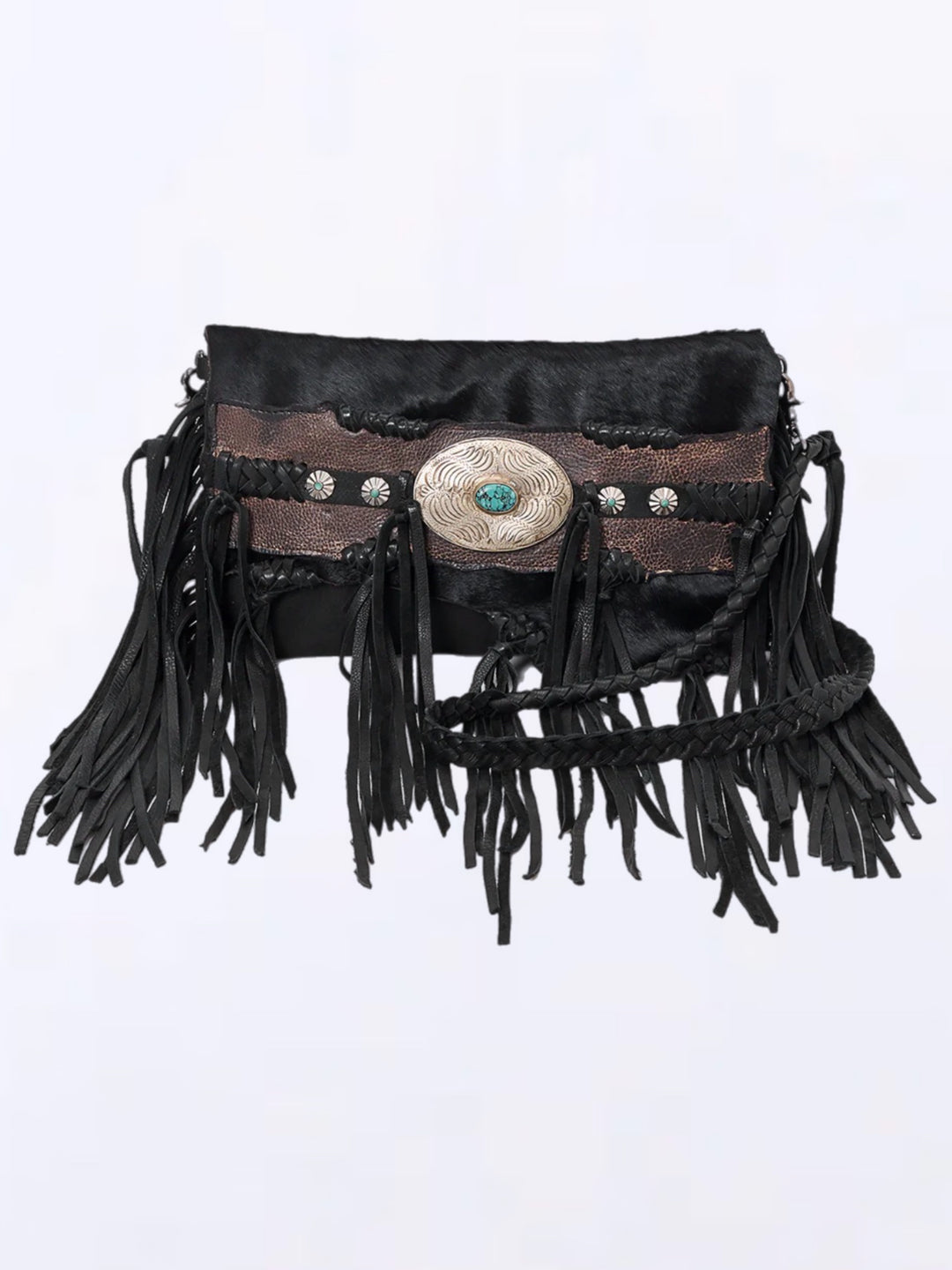 Silver Concho Turquoise Inlay Black Leather Fringe Crossbody