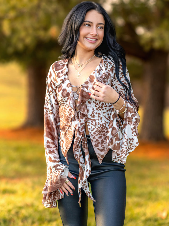 Leopard Print Ruffle Lace-Up Blouse
