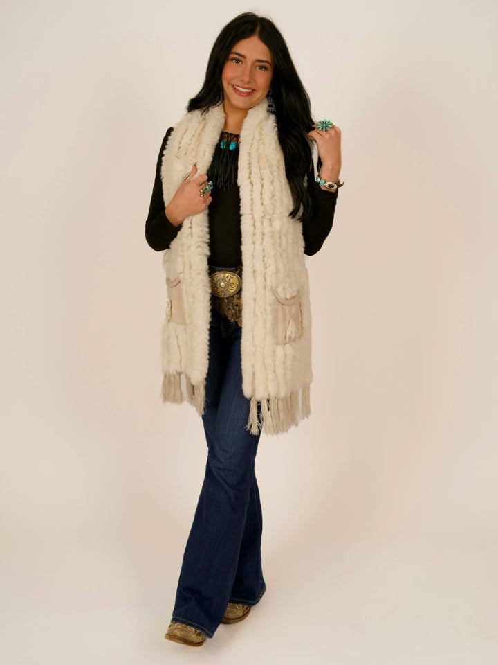 Ivory Rex Rabbit Pocket Shawl Fur Vest