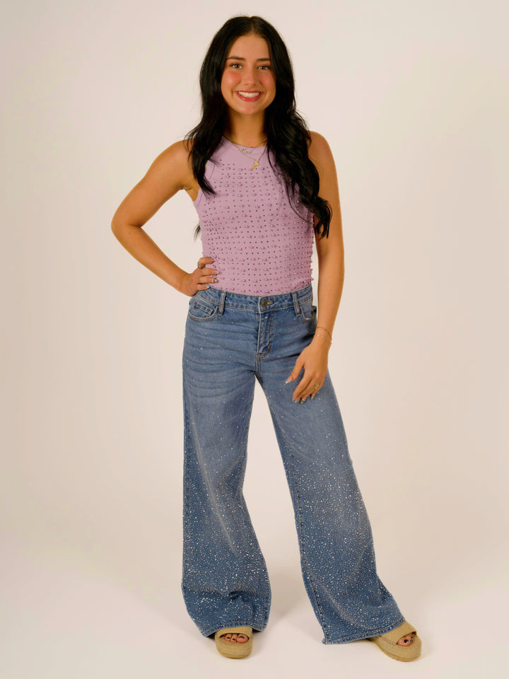 Medium Wash Rhinestone Wide Leg Jeans