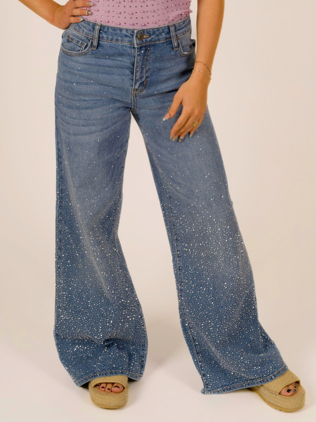 Medium Wash Rhinestone Wide Leg Jeans